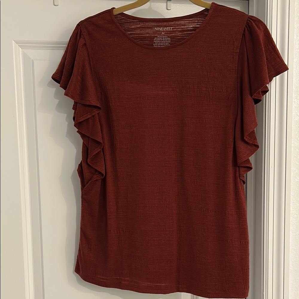 Nine West Brown Red Ruffled Blouse
